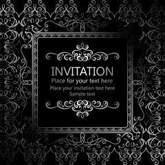 Abstract background with calligraphic luxury silver flourishes and vintage frame, victorian banner,wallpaper ornaments, invitation card, baroque style booklet, fashion pattern, template for design.