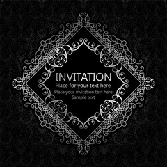 Abstract background with calligraphic luxury silver flourishes and vintage frame, victorian banner,wallpaper ornaments, invitation card, baroque style booklet, fashion pattern, template for design.