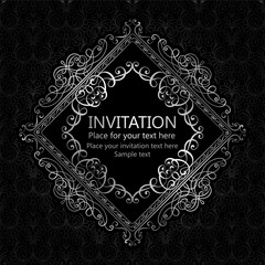 Abstract background with calligraphic luxury silver flourishes and vintage frame, victorian banner,wallpaper ornaments, invitation card, baroque style booklet, fashion pattern, template for design.