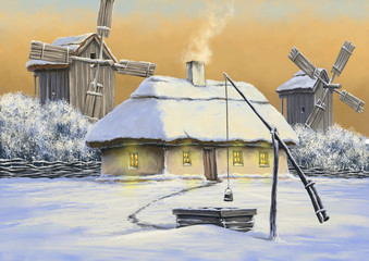 Winter oil paintings landscape, Ukraine, digital art, snow, evening, house, mill, well