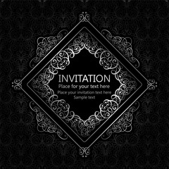 Abstract background with calligraphic luxury silver flourishes and vintage frame, victorian banner,wallpaper ornaments, invitation card, baroque style booklet, fashion pattern, template for design.