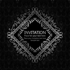 Abstract background with calligraphic luxury silver flourishes and vintage frame, victorian banner,wallpaper ornaments, invitation card, baroque style booklet, fashion pattern, template for design.