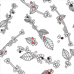 Branches of coffee tree with fruits and leaves. Seamless pattern. Vector illustration.