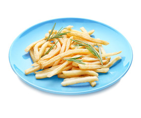 Plate with yummy french fries on white background