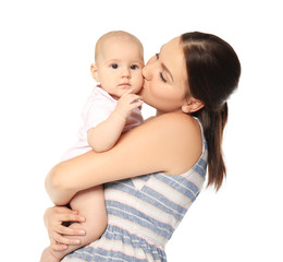 Happy young woman with cute baby on white background