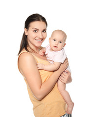 Happy young woman with cute baby on white background