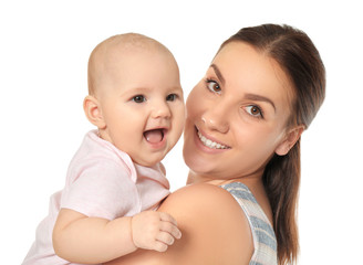 Happy young woman with cute baby on white background