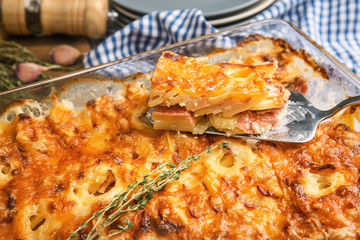 Potato casserole in baking dish, closeup