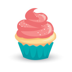 Pretty cartoon vanilla cupcake with pink icing and sparkly white sprinkles