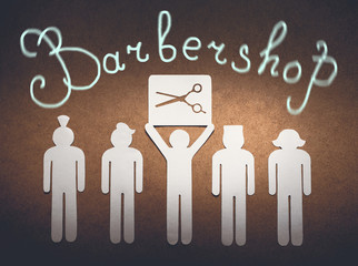 Barber shop concept. Cut out of white paper little men illustrate the skill of the hairdresser to model different haircuts.