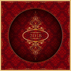 New Year 2018 greeting card in gold and red. Vector.
