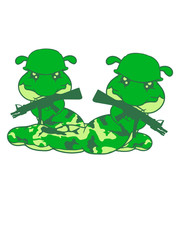 2 freunde team paar soldat krieg kämpfen schießen tarnmuster helm frieden armee army general maschinengewehr schießen waffe schnecke kriechen raupe schlange süß niedlich comic cartoon