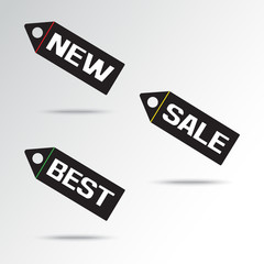 NEW. SALE. BEST. Black and white price tag icon with shadow. Vector illustration
