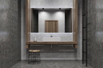 Obraz na płótnie Canvas Concrete and wooden bathroom, double sink, mirror