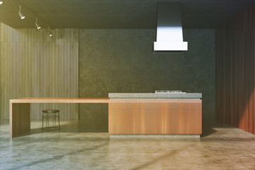 Concrete and black wooden dining room, bar toned