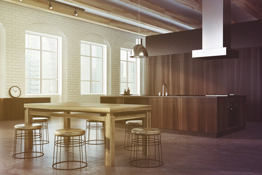 Concrete and dark wooden dining room, side toned