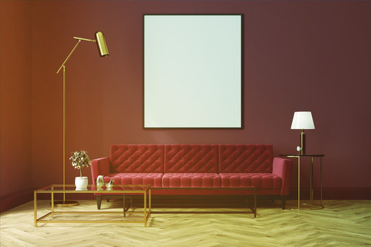 Purple living room, red sofa, poster toned