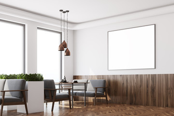 White cafe interior corner, poster close up