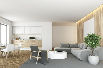 White and wooden kitchen and living room