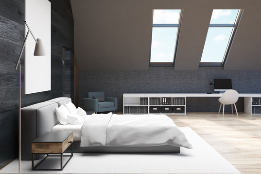 Gray and black wood bedroom, poster, side