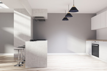 Gray, wooden kitchen, bar