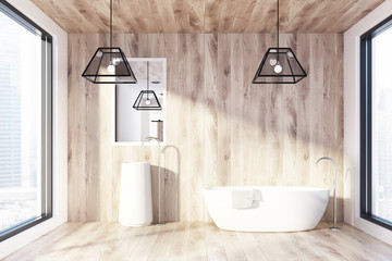 Loft wooden bathroom, tub and sink