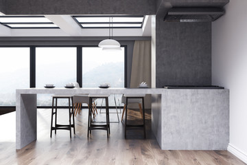 White and gray kitchen with a bar stand