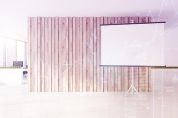 Whiteboard near a wooden office wall toned