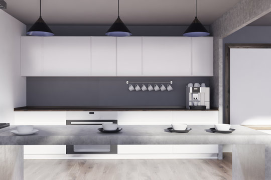 White and gray kitchen, table