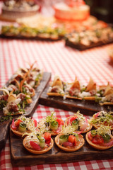 Many different snacks on beautiful boards