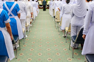 nurses Stand in room meeting seminar   and presentation in conference hall hospital countryside select focus with shallow depth of field