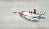 Aviator in drawn airplane. Mixed media