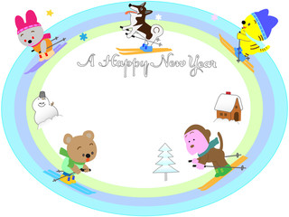 Naklejka premium 年賀状素材の動物のスキー