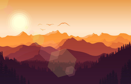 Sunset mountains landscape with forest and bird flying