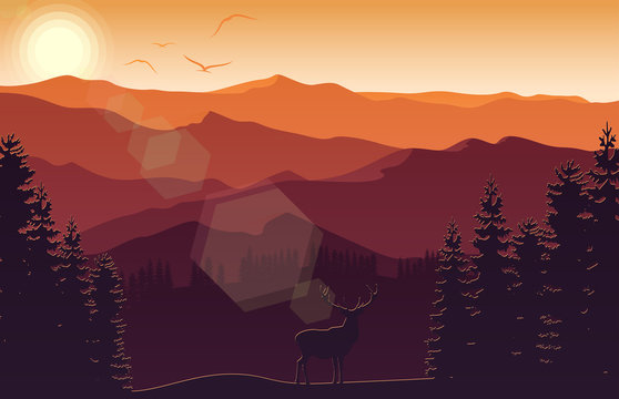Mountain landscape with deer and forest at sunset