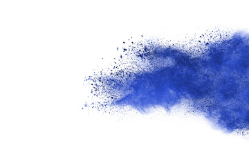 Freeze motion of blue powder explosions isolated on white background