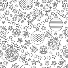 New year hand drawn outline festive seamless pattern with snowflakes, christmas balls and stars isolated on white background. coloring antistress book for adult. - 179366150