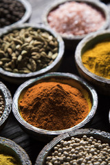 Assortment of spices in wooden bowl background 