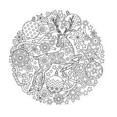 New year mandala with deer and festive objects. Zentangle inspired style. Zen monochrome graphic. Image for calendar, congratulation card, coloring book.