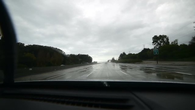 Driving in the rain on Interstate 280 northbound. California, USA