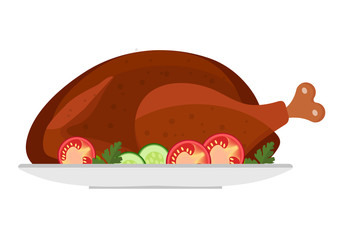 Baked turkey Thanksgiving day icon, flat style. Isolated on white background. Vector illustration