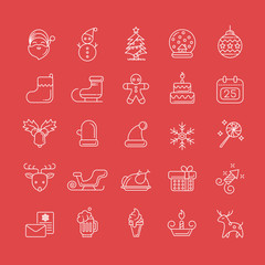 christmas elements icon set. icon flat style with white thin line art icons on red background. Editable stroke