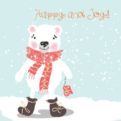 Christmas or New Year illustration with cute white bear and air balloons. Retro style vector card