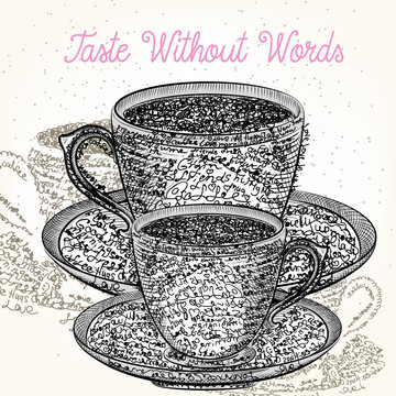 Coffee illustration with cup from positive words. Coffee mood design vector, taste without words
