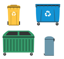 Thrash and recycling can. Garbage container set. Wheeled dumpster. Vector illustration.