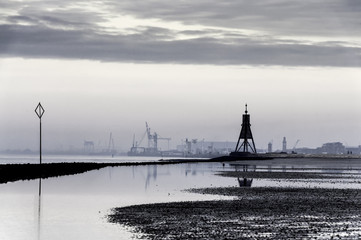 Kugelbake and the port of Cuxhaven on a winter morning