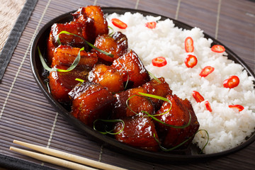 Delicious spicy caramel pork belly with rice close-up on a plate on a table. horizontal