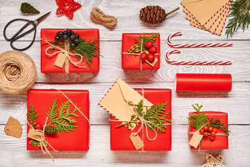 Christmas presents on wooden background