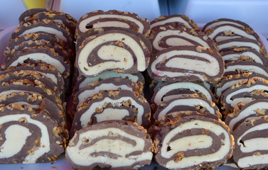 Black-white delicious homemade chocolate for sale at traditional fair