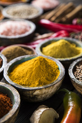 Spices on a wooden table